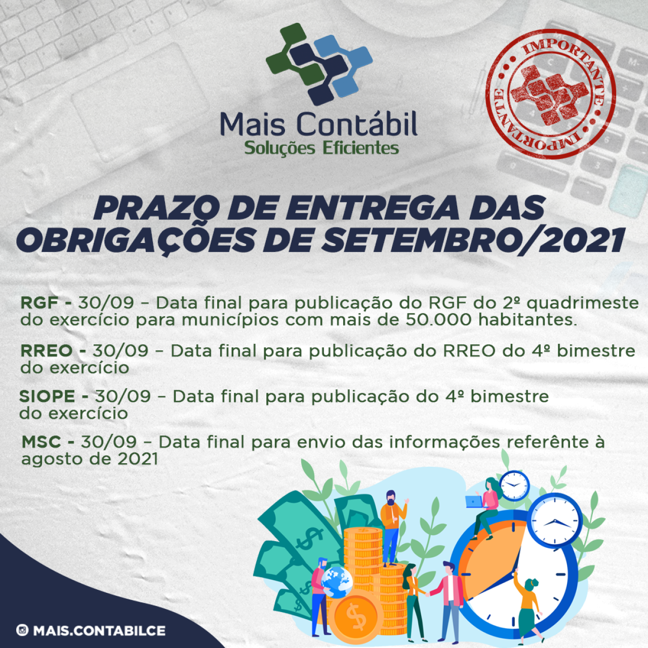 Prazos de entrega das obrigações do mês de Setembro.